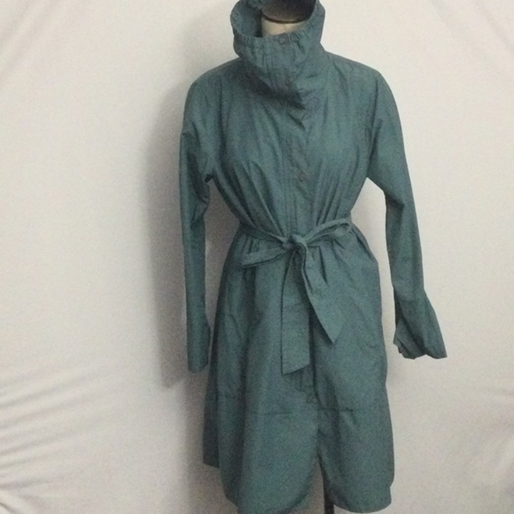 Eileen Fisher Unlined Cotton Blend Zip Raincoat Mallard Green Size Large